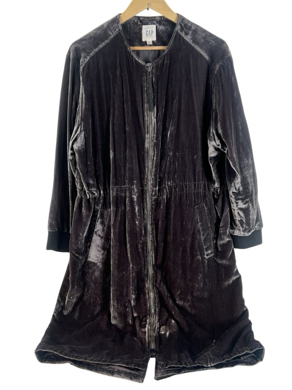 Gap Silky Velvet Midi Bomber Jacket Color Pavement Grey Size M - Picture 2 of 7